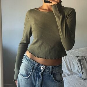 Bozzolo Olive Green Cropped Long Sleeve Top